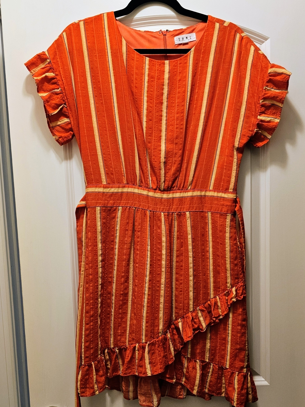 THML Anthropologie Ruffle Wrap Dress Size S Orange Stripe Coastal Resort - Picture 3 of 7